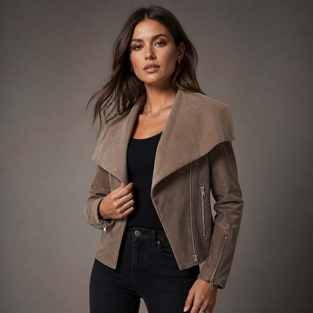 BB Dakota Faux Suede Moto Jacket Taupe Draped Cowl Collar M